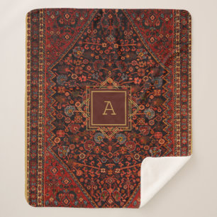 Vintage Oriental Rug Monogram Red Burgundy Gold    Sherpa Blanket