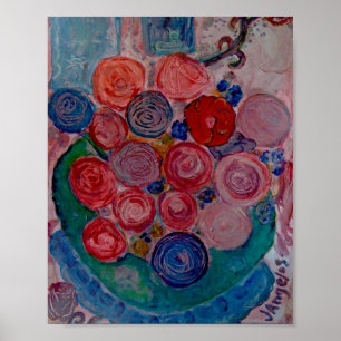 Vintage Original Print Flowers Table Cat Window XO