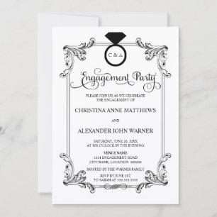 Vintage Ornament and Ring Script Engagement Party Invitation