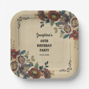 Vintage Ornament Floral Birthday Paper Plate
