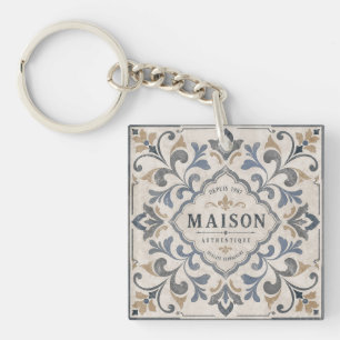 Vintage Ornamental Tile Design with Typography Key Ring