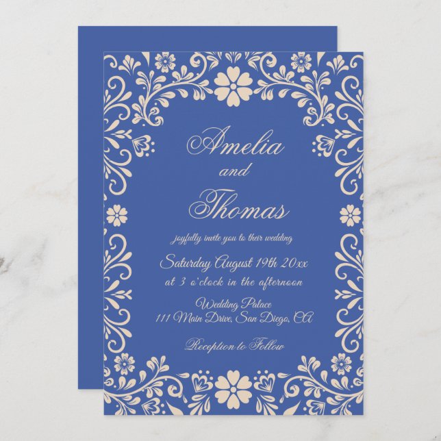 Vintage Ornaments Blue Wedding  Invitation (Front/Back)