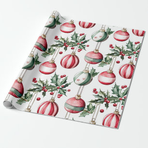 Vintage Ornaments Holly Christmas Wrapping Paper