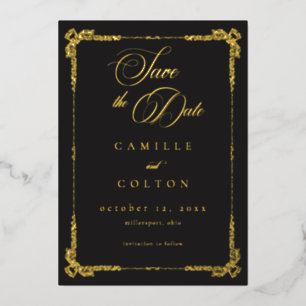 Vintage Ornate Black Gold Scroll Gothic Save Date