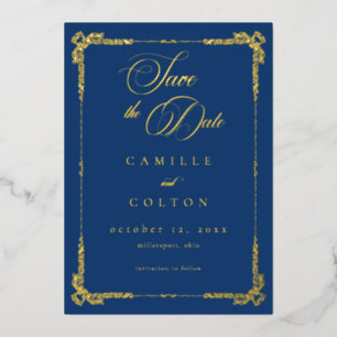 Vintage Ornate Blue Gold Scroll Gothic Save Date