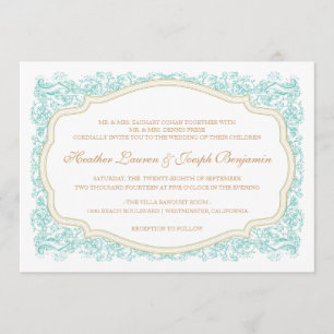 Vintage Ornate Blue & Gold Wedding Invitation