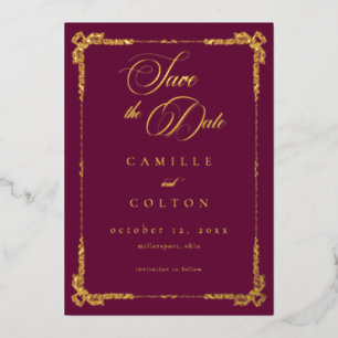 Vintage Ornate Burgundy Gold Gothic Save Date