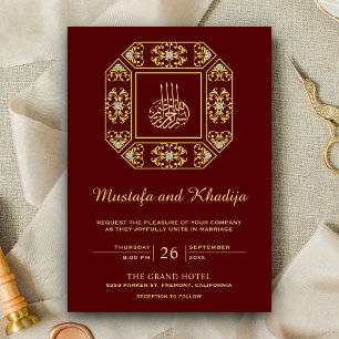 Vintage Ornate Gold Damask Red Islamic Wedding Invitation