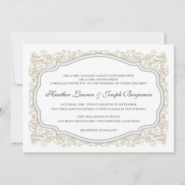 Vintage Ornate Gold & Grey Wedding Invitation (Front)