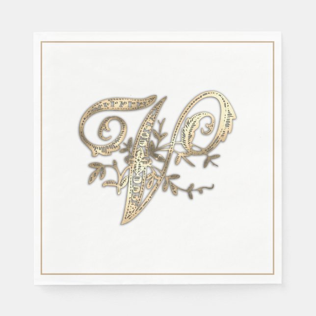 Vintage Ornate Gold Monogram V Napkin (Front)