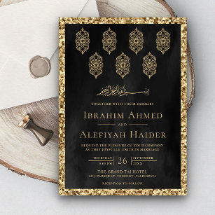 Vintage Ornate Lanterns Black Gold Muslim Wedding Invitation