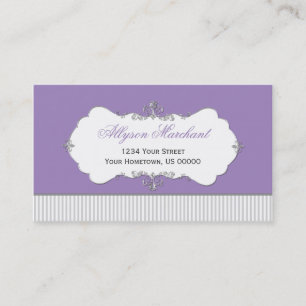 Vintage Ornate Silver Swirls Purple Grey Stripes Business Card
