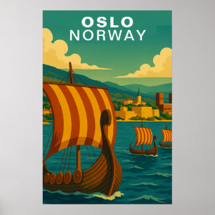 Vintage Oslo Norway Scandinavian Harbour Travel Poster