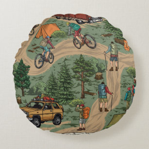 Vintage Outdoor Pattern: Hikers, Bicycles Round Cushion