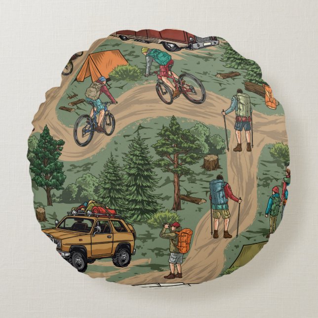 Vintage Outdoor Pattern: Hikers, Bicycles Round Cushion (Front)