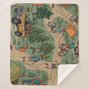 Vintage Outdoor Pattern: Hikers, Bicycles Sherpa Blanket