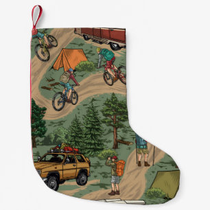 Vintage Outdoor Pattern: Hikers, Bicycles Small Christmas Stocking
