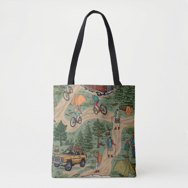 Vintage Outdoor Pattern: Hikers, Bicycles Tote Bag (Front)