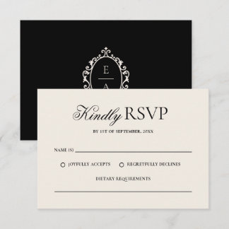 Vintage Oval Crest Black Cream Old Money Wedding RSVP Card