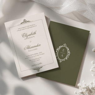 Vintage Oval Crest Old Money Olive Green Wedding Invitation