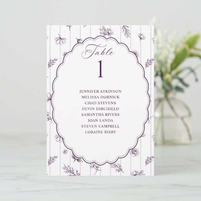 Vintage Oval Dark Purple Wedding Seating Chart (Standing Front)