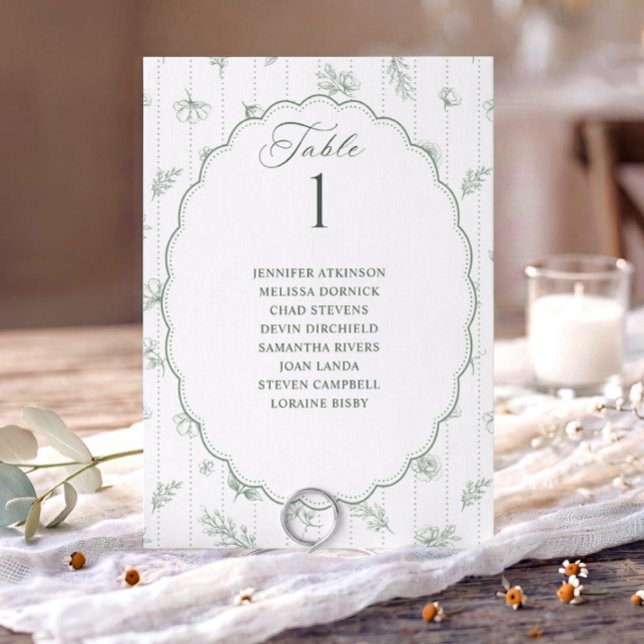 Vintage Oval Sage Green Wedding Seating Chart (Sage green French floral wedding seating chart card with oval scalloped frame and guest names.)