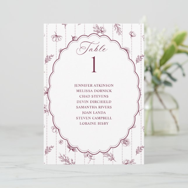 Vintage Oval Wine Red Wedding Seating Chart (Standing Front)