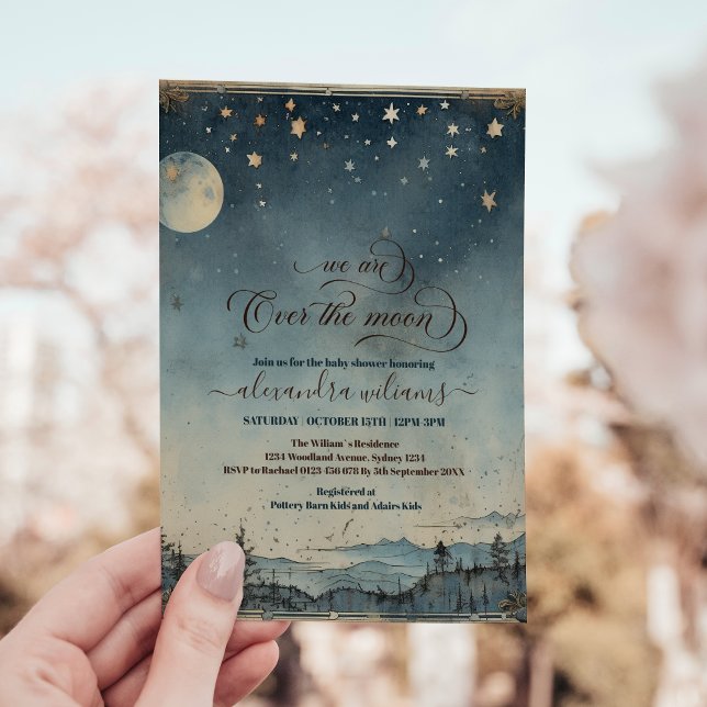 Vintage Over the Gold Moon Blue Baby Invitation (Creator Uploaded)