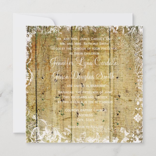 Vintage Overlay Distressed Wood Wedding Invitation (Front)