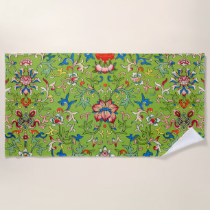 Vintage Owen Jones Chinese Ornament Green Floral Beach Towel
