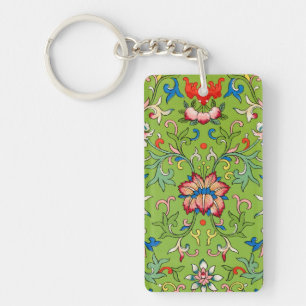 Vintage Owen Jones Chinese Ornament Green Floral Key Ring
