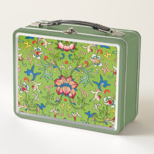 Vintage Owen Jones Chinese Ornament Green Floral Metal Lunch Box