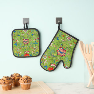 Vintage Owen Jones Chinese Ornament Green Floral Oven Mitt & Pot Holder Set