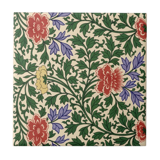 Vintage Owen Jones Chinoiserie Peony Pattern Ceramic Tile (Front)