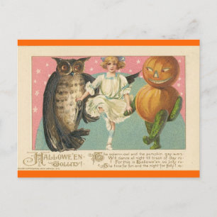 Vintage Owl and goblin Halloween Holiday Postcard