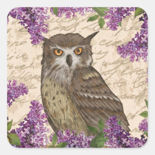Vintage owl and lilac square sticker