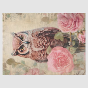 Vintage Owl and Pink Roses Decoupage Tissue Paper