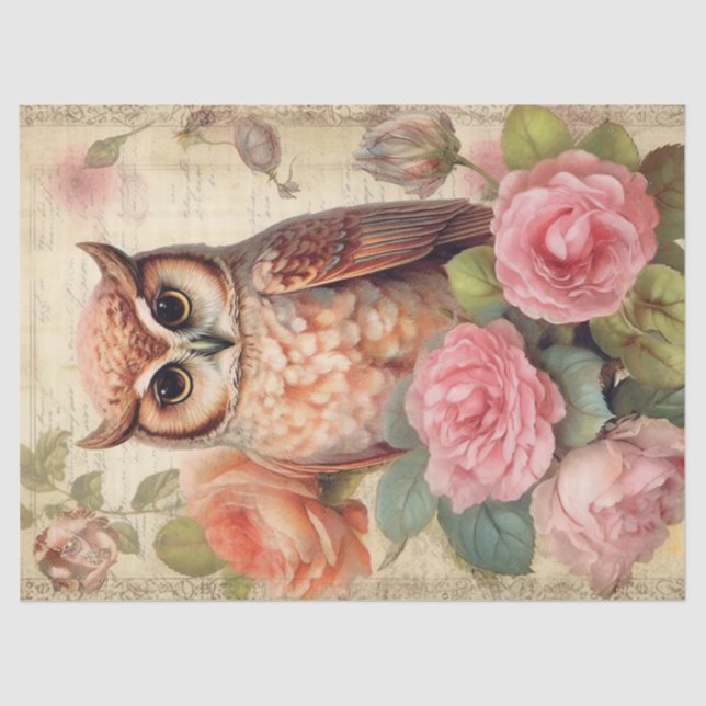 Vintage Owl and Pink Roses Decoupage Tissue Paper (Front)