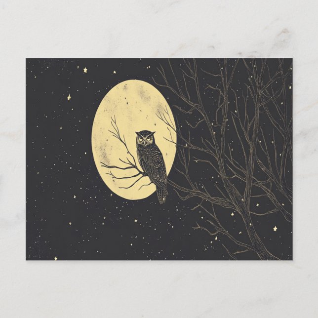 Vintage Owl Art Under A Moonlit Sky Postcard (Front)