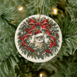 Vintage Owl Christmas Wreath Ceramic Ornament