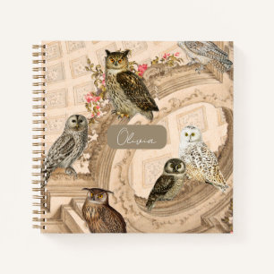Vintage Owl Collage with Floral Architecture Notebook