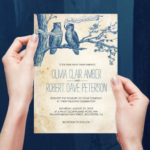 Vintage Owl Couple in Tree Wedding Invites