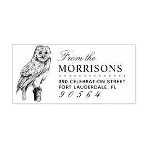 Vintage Owl Drawing Family Name Return Address Rubber Stamp