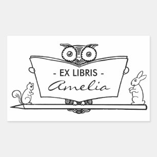 Vintage Owl Ex Libris Bookplate Library Book Plate Rectangular Sticker