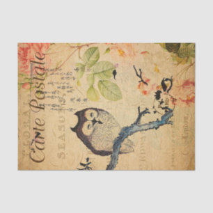 Vintage Owl Floral Flowers French Cartle Postale Tissue Paper