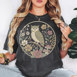 Vintage Owl Floral Mushroom Circle Art T-Shirt