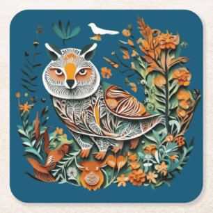 Vintage owl floral unique design square paper coaster