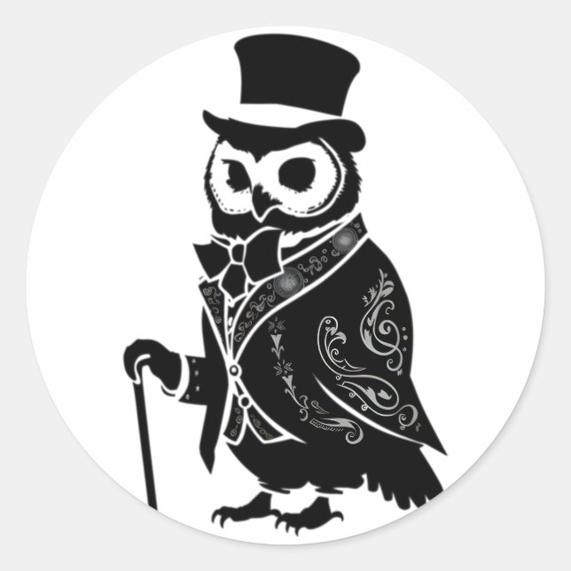 Vintage Owl Gentleman Silhouette Classic Round Sticker (Front)