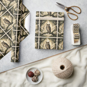 Vintage owl illustration in the forest wrapping paper