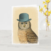 Vintage Owl in Green Hat Card (Yellow Flower)